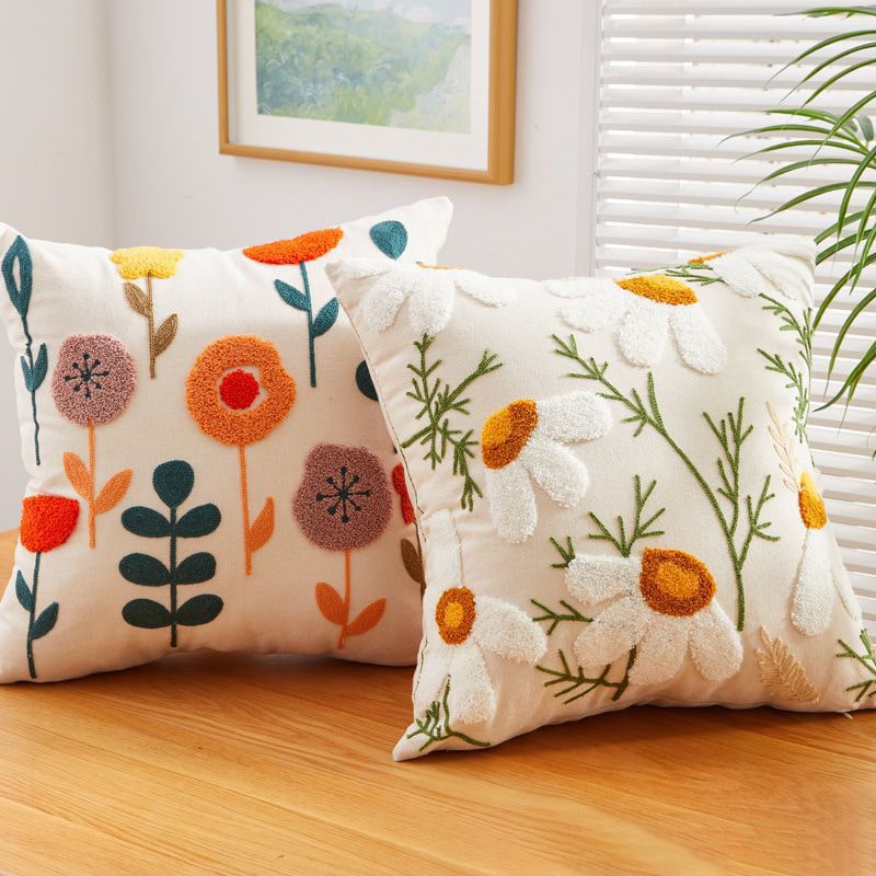 Hand-Embroidered Linen Floral Pillow Cover