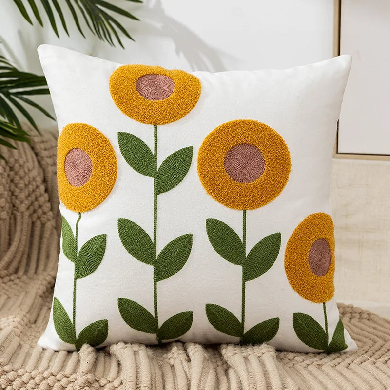 Hand-Embroidered Linen Floral Pillow Cover