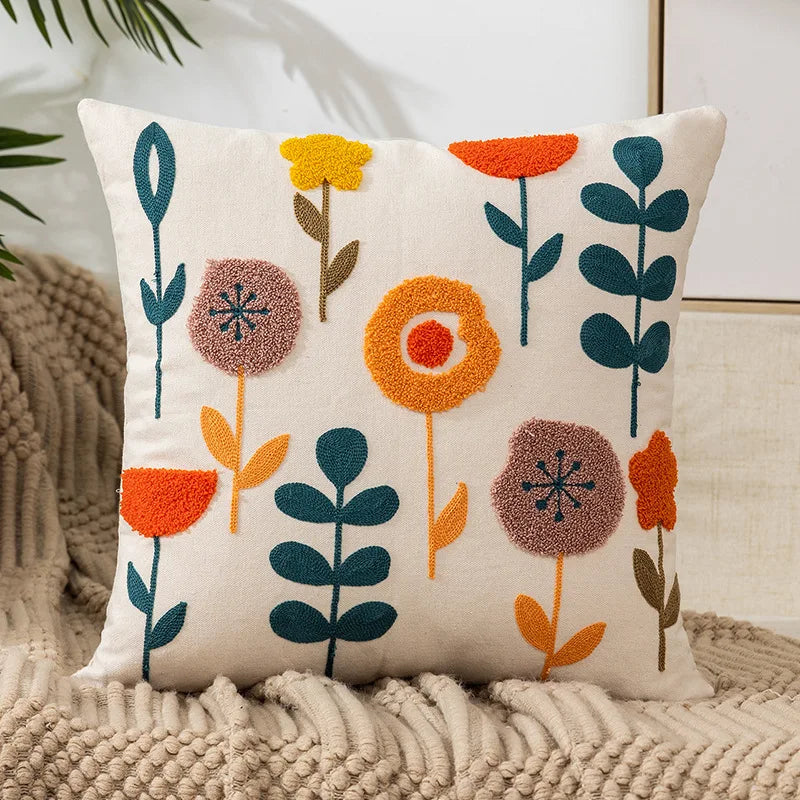 Hand-Embroidered Linen Floral Pillow Cover