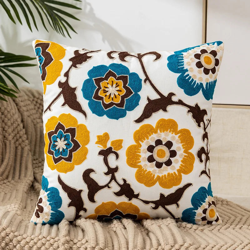 Hand-Embroidered Linen Floral Pillow Cover