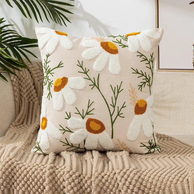 Hand-Embroidered Linen Floral Pillow Cover